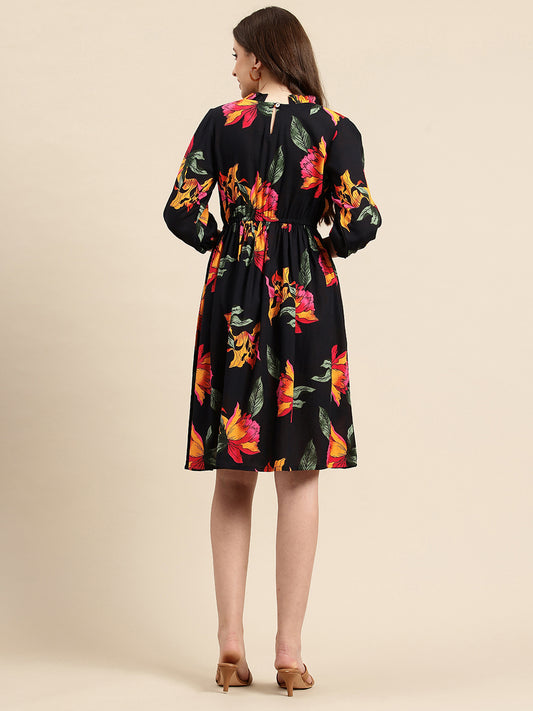 Black Floral Print Puff Sleeve Fit & Flare Dress