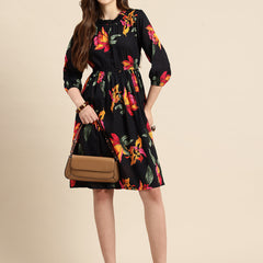 Black Floral Print Puff Sleeve Fit & Flare Dress