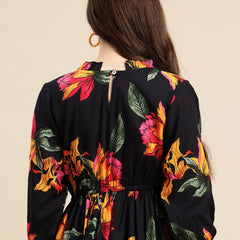 Black Floral Print Puff Sleeve Fit & Flare Dress