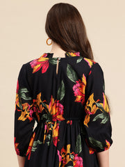 Black Floral Print Puff Sleeve Fit & Flare Dress