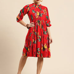 Red Floral Print Puff Sleeve Fit & Flare Dress