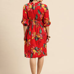 Red Floral Print Puff Sleeve Fit & Flare Dress
