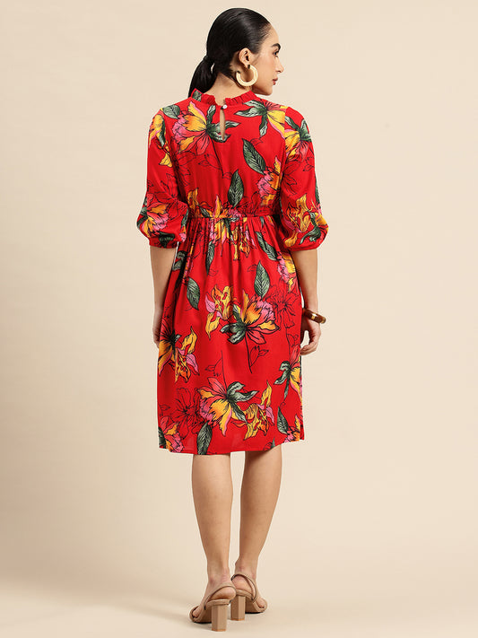 Red Floral Print Puff Sleeve Fit & Flare Dress