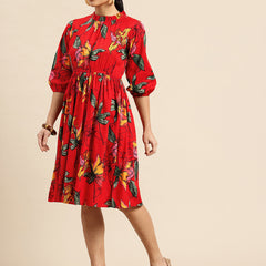 Red Floral Print Puff Sleeve Fit & Flare Dress