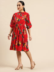 Red Floral Print Puff Sleeve Fit & Flare Dress