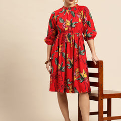 Red Floral Print Puff Sleeve Fit & Flare Dress