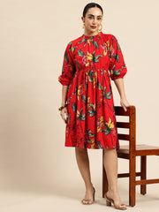 Red Floral Print Puff Sleeve Fit & Flare Dress