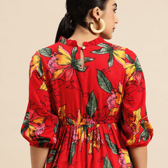 Red Floral Print Puff Sleeve Fit & Flare Dress