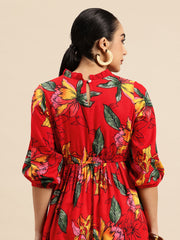Red Floral Print Puff Sleeve Fit & Flare Dress