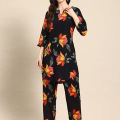 Black Floral Printed Tunic With Trouser Co-ord Set