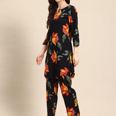 Black Floral Printed Tunic With Trouser Co-ord Set
