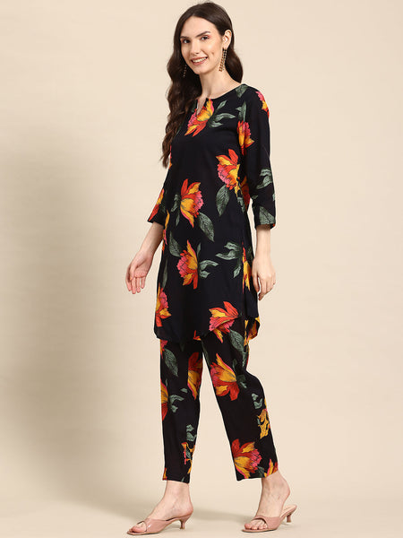 Black Floral Printed Tunic With Trouser Co-ord Set
