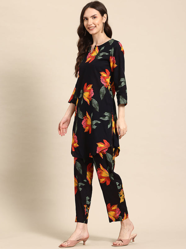 Black Floral Printed Tunic With Trouser Co-ord Set