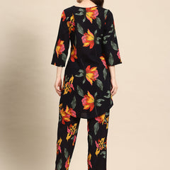 Black Floral Printed Tunic With Trouser Co-ord Set