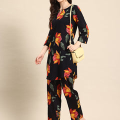 Black Floral Printed Tunic With Trouser Co-ord Set
