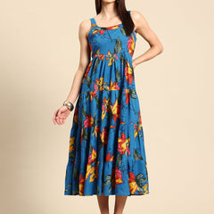 Blue Floral Print Layered Fit & Flare Maxi Dress