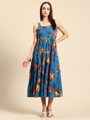 Blue Floral Print Layered Fit & Flare Maxi Dress