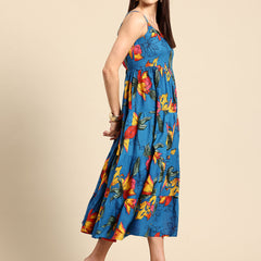 Blue Floral Print Layered Fit & Flare Maxi Dress