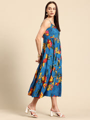 Blue Floral Print Layered Fit & Flare Maxi Dress
