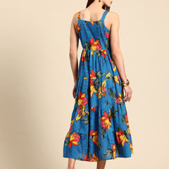 Blue Floral Print Layered Fit & Flare Maxi Dress