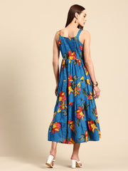 Blue Floral Print Layered Fit & Flare Maxi Dress