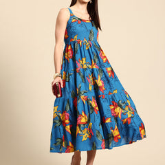 Blue Floral Print Layered Fit & Flare Maxi Dress