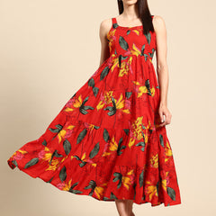 Red Floral Print Layered Fit & Flare Maxi Dress