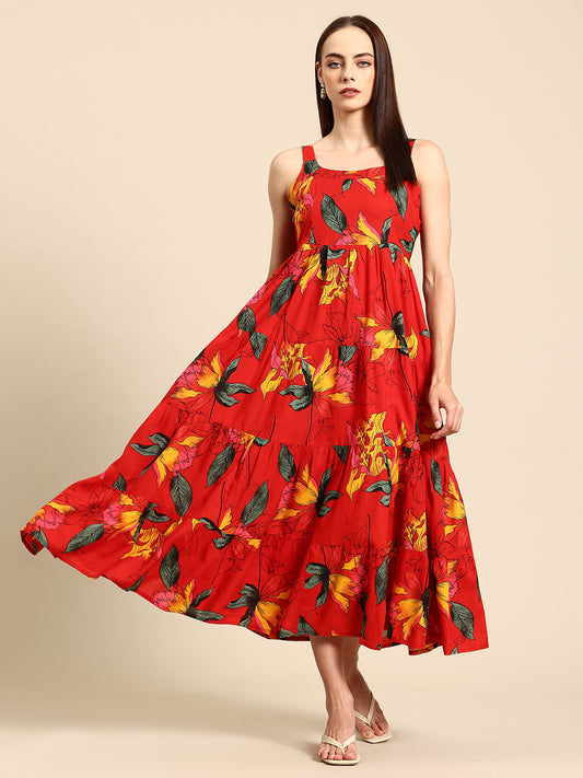 Red Floral Print Layered Fit & Flare Maxi Dress