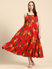 Red Floral Print Layered Fit & Flare Maxi Dress