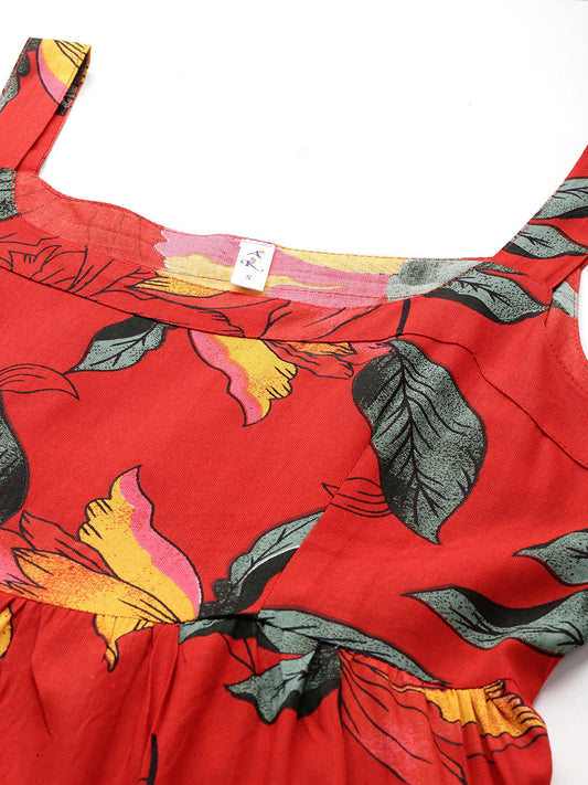 Red Floral Print Layered Fit & Flare Maxi Dress