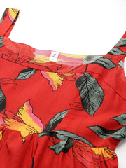 Red Floral Print Layered Fit & Flare Maxi Dress