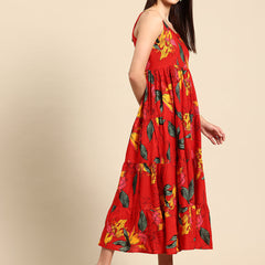 Red Floral Print Layered Fit & Flare Maxi Dress
