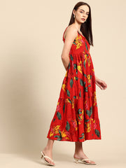Red Floral Print Layered Fit & Flare Maxi Dress