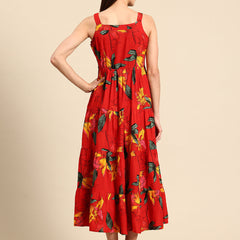 Red Floral Print Layered Fit & Flare Maxi Dress