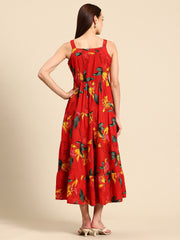 Red Floral Print Layered Fit & Flare Maxi Dress
