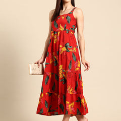Red Floral Print Layered Fit & Flare Maxi Dress