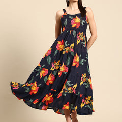 Black Floral Print Layered Fit & Flare Maxi Dress