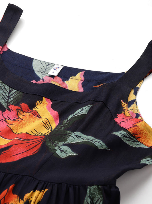 Black Floral Print Layered Fit & Flare Maxi Dress