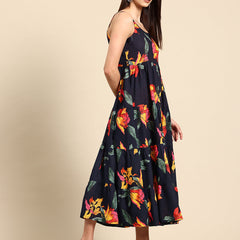 Black Floral Print Layered Fit & Flare Maxi Dress