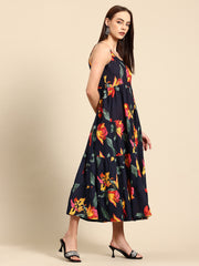 Black Floral Print Layered Fit & Flare Maxi Dress