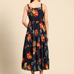Black Floral Print Layered Fit & Flare Maxi Dress