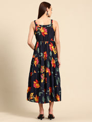 Black Floral Print Layered Fit & Flare Maxi Dress