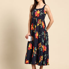 Black Floral Print Layered Fit & Flare Maxi Dress