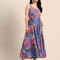 Blue Floral Printed Round Neck Tiered Fit & Flare Midi Ethnic Dress