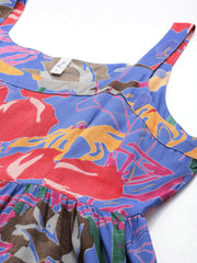 Blue Floral Printed Round Neck Tiered Fit & Flare Midi Ethnic Dress