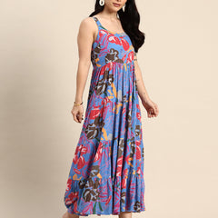 Blue Floral Printed Round Neck Tiered Fit & Flare Midi Ethnic Dress