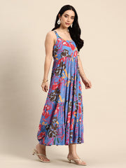 Blue Floral Printed Round Neck Tiered Fit & Flare Midi Ethnic Dress