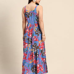 Blue Floral Printed Round Neck Tiered Fit & Flare Midi Ethnic Dress