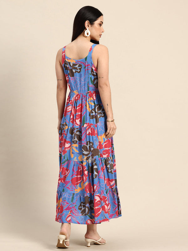 Blue Floral Printed Round Neck Tiered Fit & Flare Midi Ethnic Dress