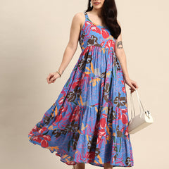 Blue Floral Printed Round Neck Tiered Fit & Flare Midi Ethnic Dress